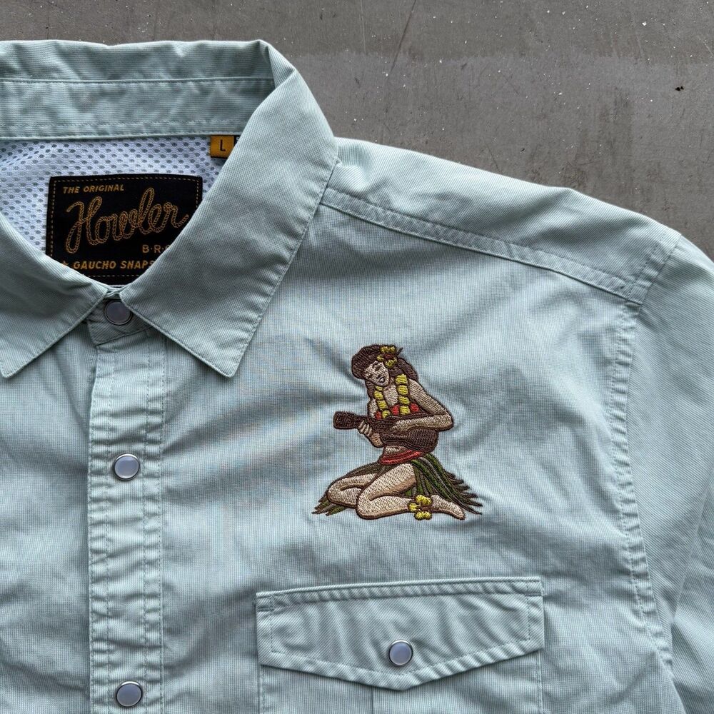 Howler Bros Shirt Sz L Gaucho Snapshirt Hula Girls 10 Year Hawaiian Micro Stripe - Picture 4 of 14